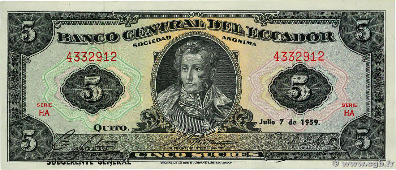 5 Sucres ECUADOR  1959 P.113a EBC