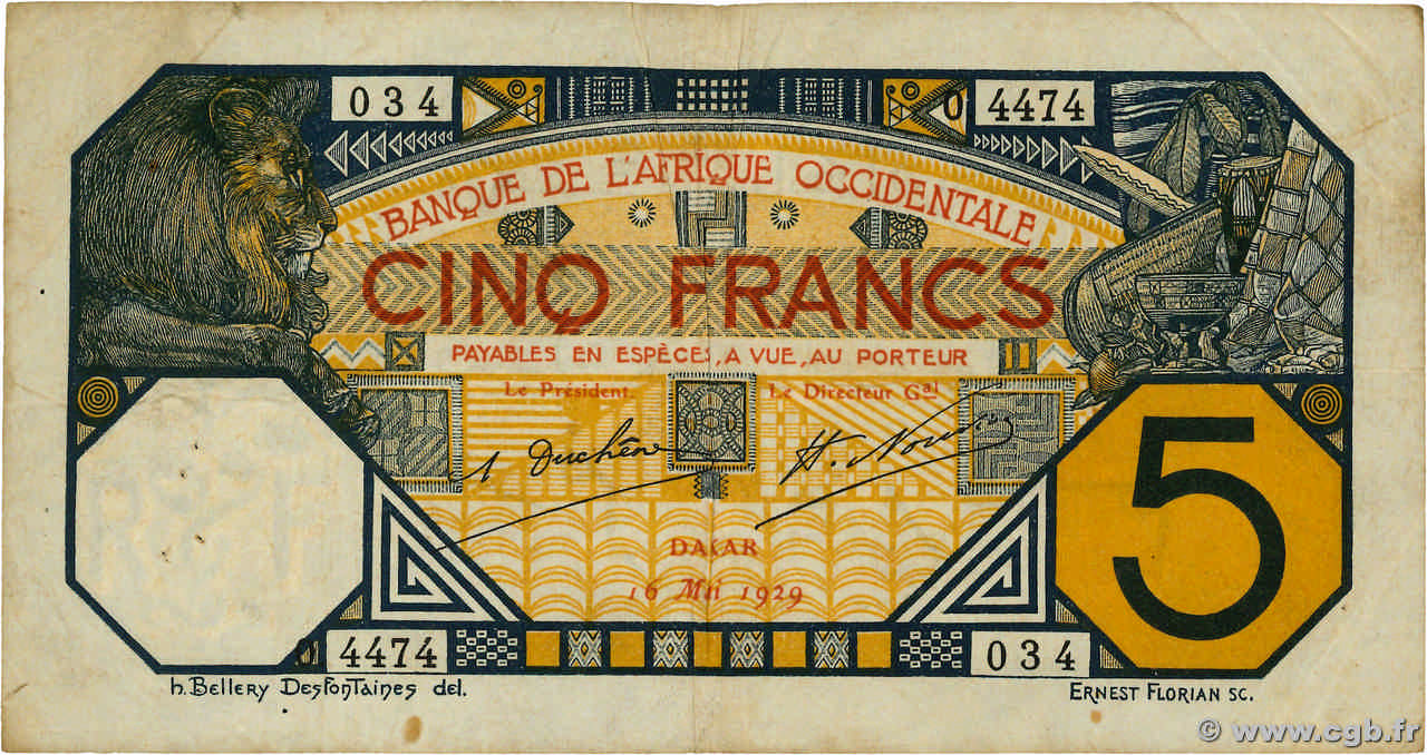 5 Francs DAKAR FRENCH WEST AFRICA Dakar 1929 P.05Bf BC+
