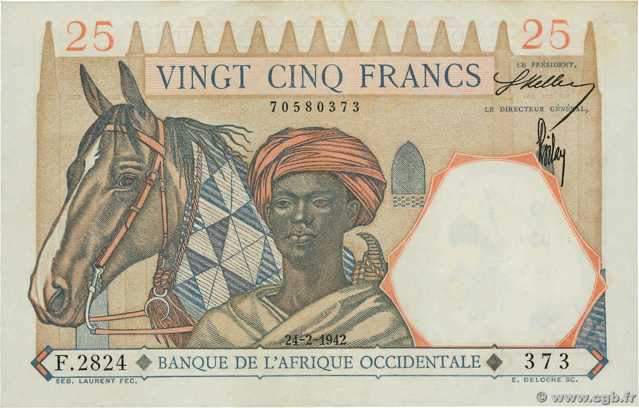 25 Francs FRENCH WEST AFRICA  1942 P.27 XF