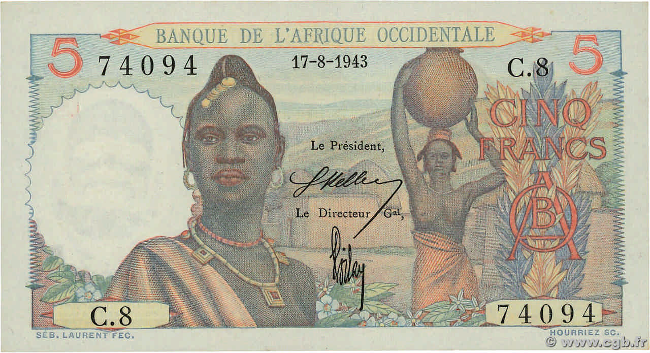 5 Francs FRENCH WEST AFRICA  1943 P.36 FDC