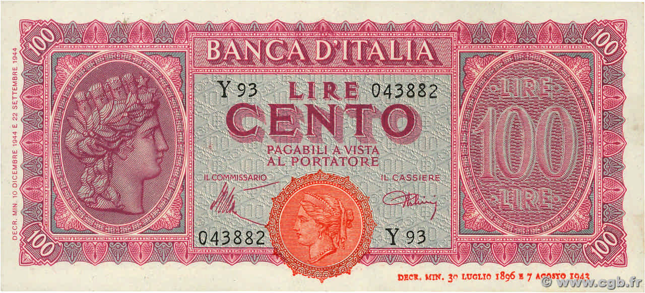 100 Lire ITALY  1944 P.075a XF