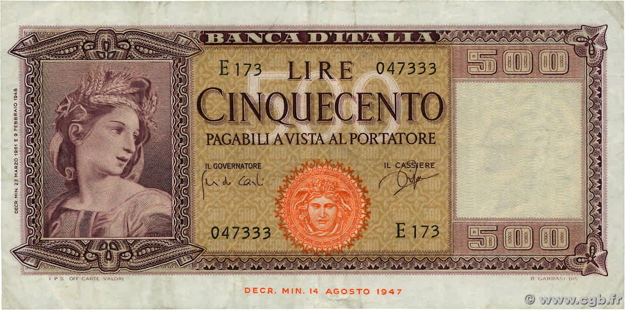 500 Lire ITALIEN  1961 P.080b fSS