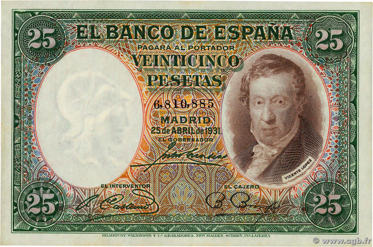 25 Pesetas SPAIN  1931 P.081 VF+