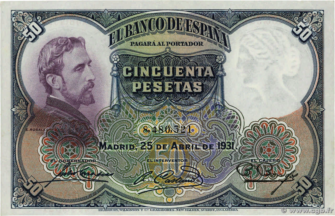 50 Pesetas SPAIN  1931 P.082 XF+