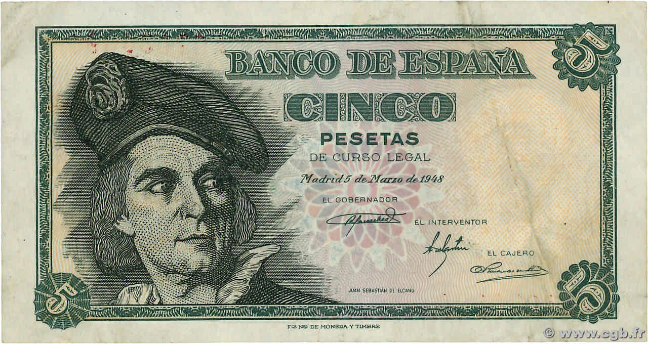 5 Pesetas SPANIEN  1948 P.136a SS