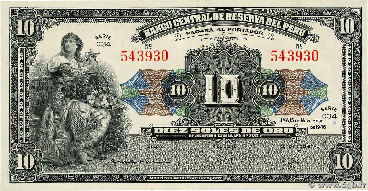 10 Soles PERU  1946 P.067Aa VZ+