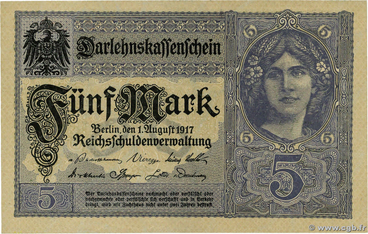 5 Mark DEUTSCHLAND  1917 P.056b fST+