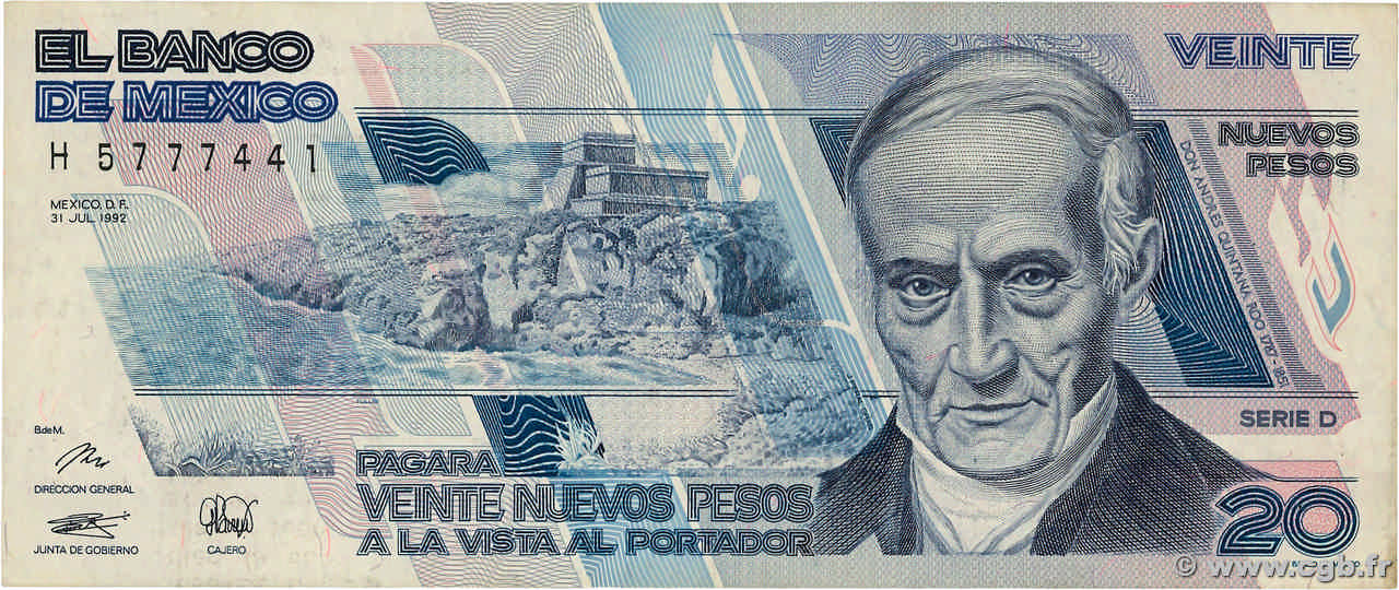 20 Nuevos Pesos MEXIQUE  1992 P.096 TTB