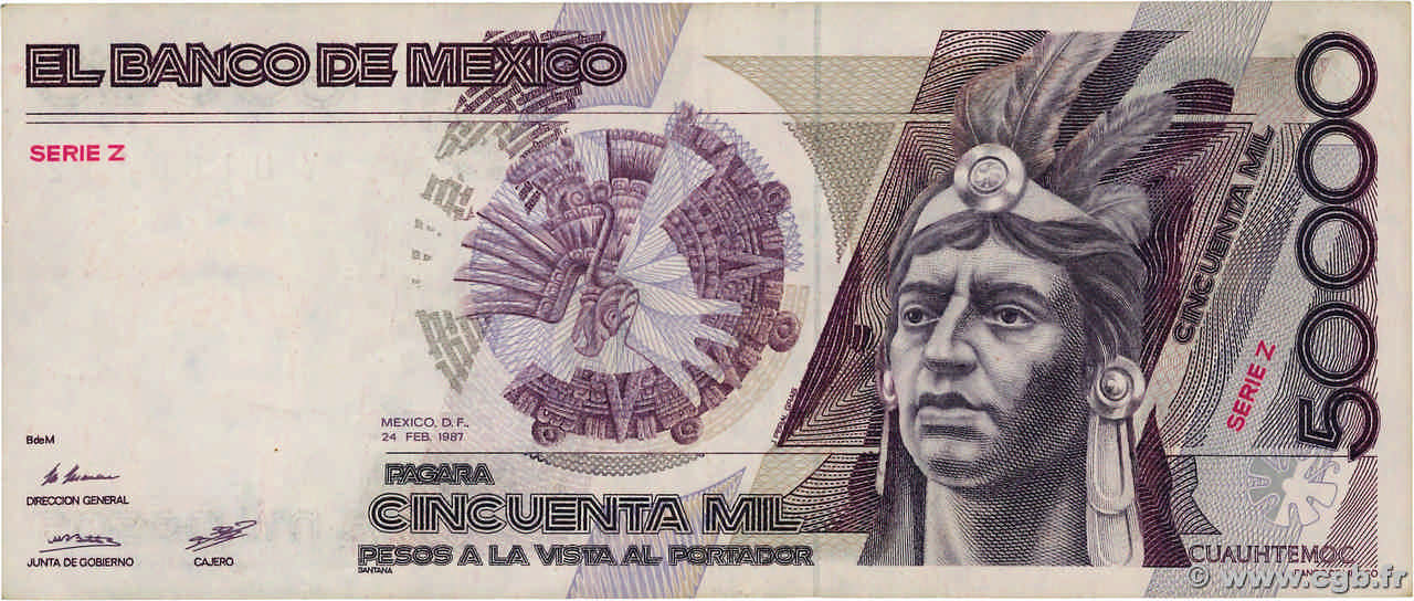 50000 Pesos MEXICO  1987 P.093a MBC+