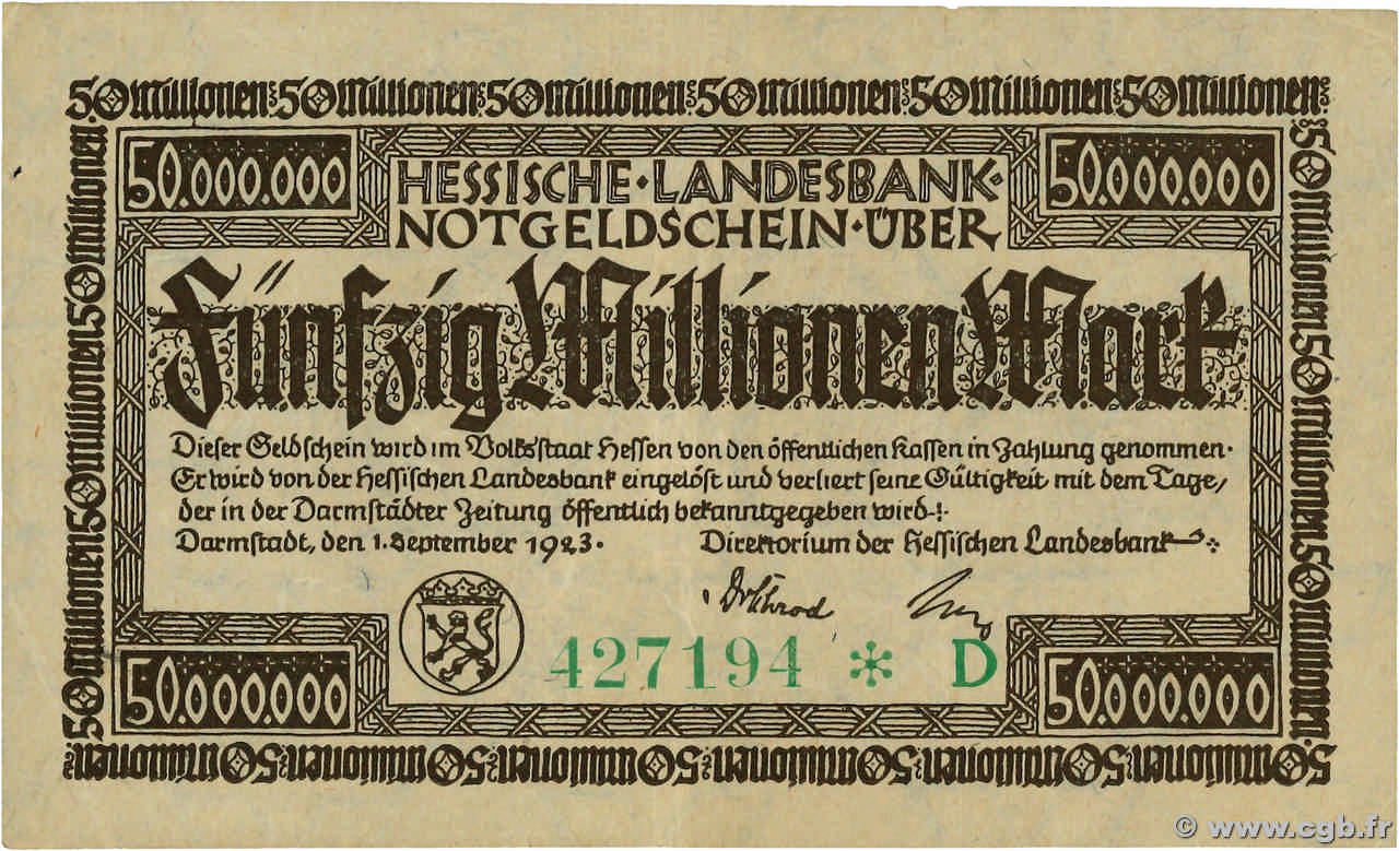 50 Millions Mark ALLEMAGNE Darmstadt 1923  TTB