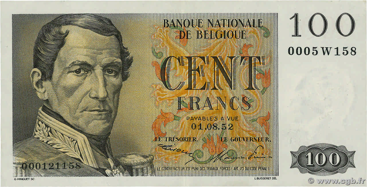 100 Francs BÉLGICA  1952 P.129a EBC