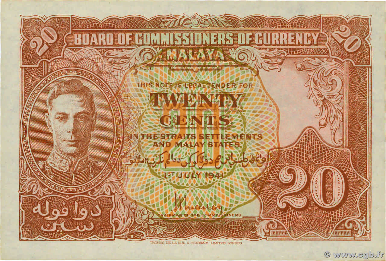 20 Cents MALAYA  1941 P.09a SPL