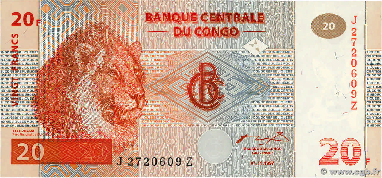 20 Francs Remplacement CONGO, DEMOCRATIQUE REPUBLIC  1997 P.088A UNC