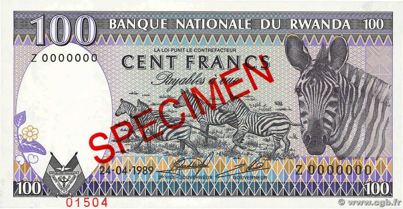 100 Francs Spécimen RWANDA  1989 P.19s UNC