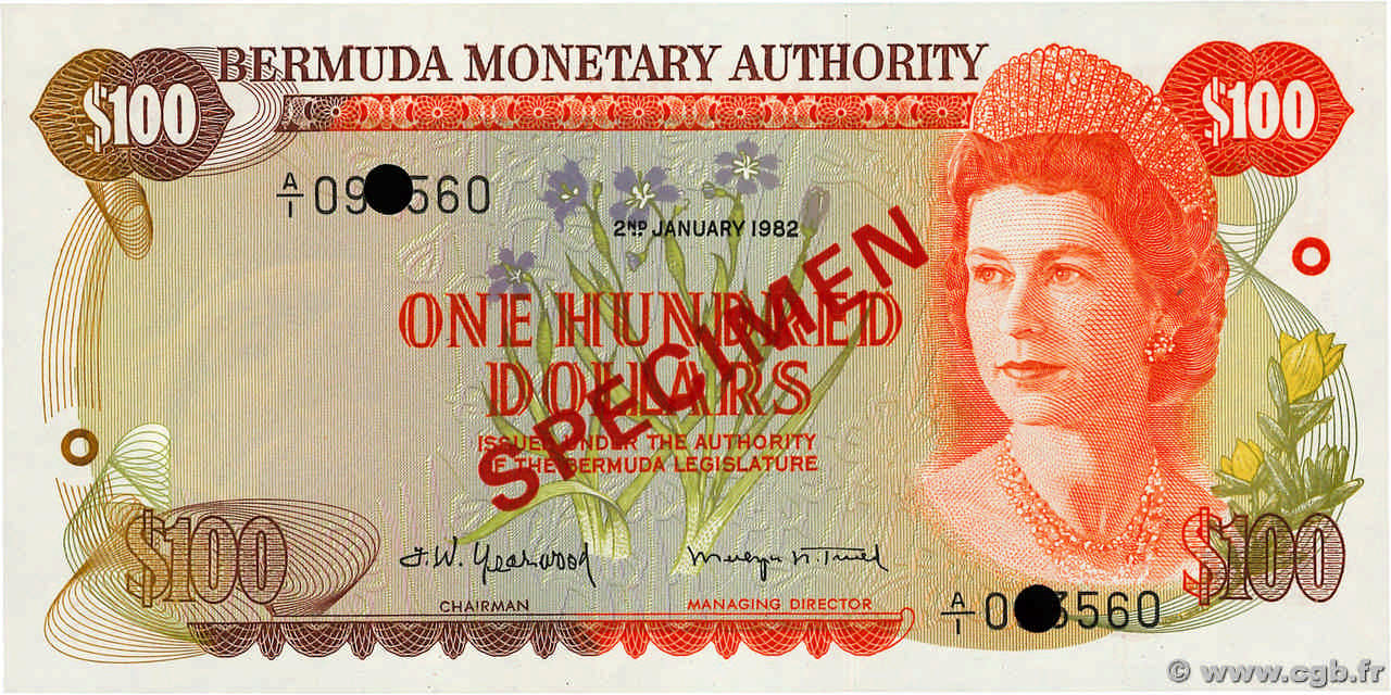 100 Dollars Spécimen BERMUDA  1982 P.33s UNC