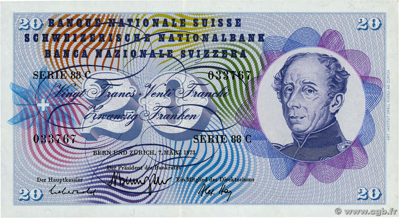 20 Francs SUISSE  1973 P.46u VZ