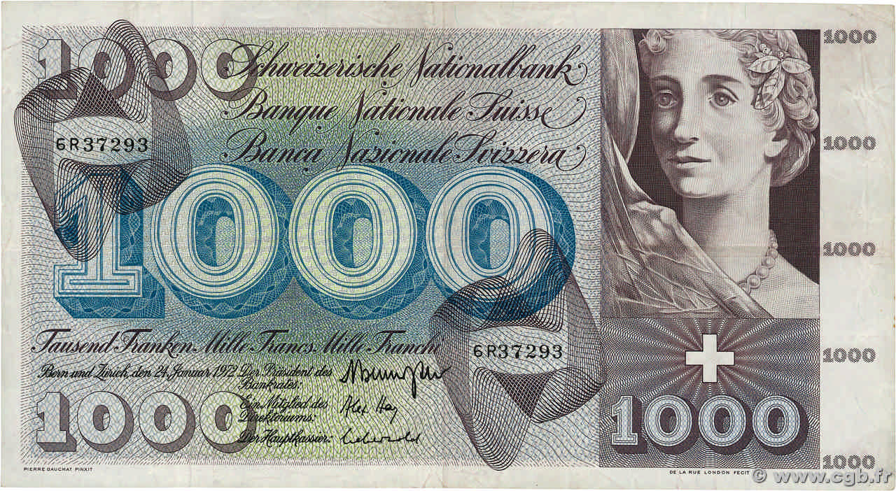 1000 Francs SUISSE  1972 P.52k TTB