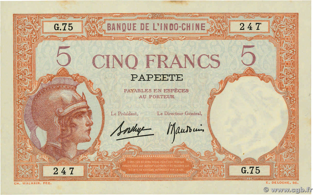 5 Francs TAHITI  1936 P.11c fST