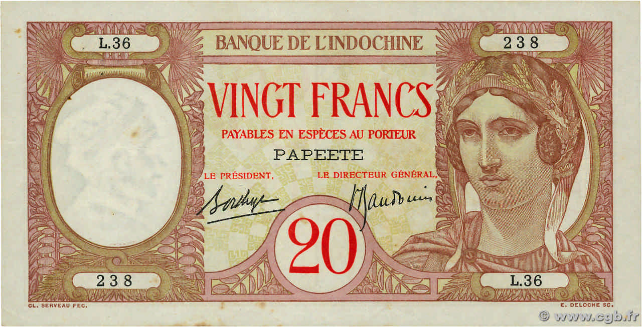 20 Francs TAHITI  1940 P.12c MBC