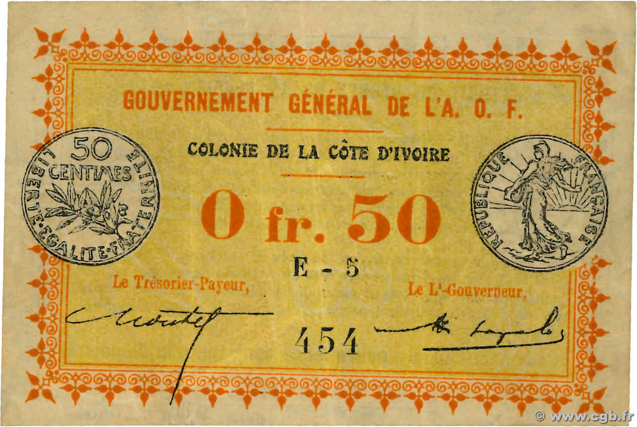 50 Centimes COTE D IVOIRE  1917 P.01b TTB