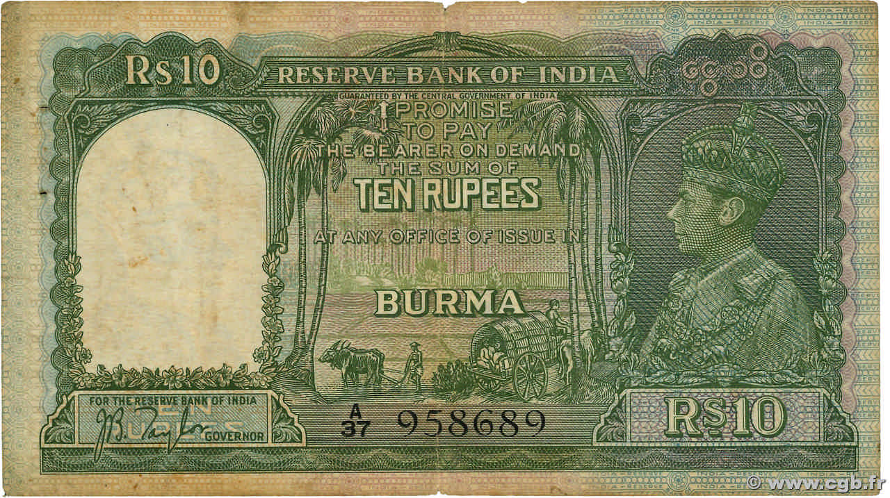10 Rupees BURMA (VOIR MYANMAR)  1938 P.05 F