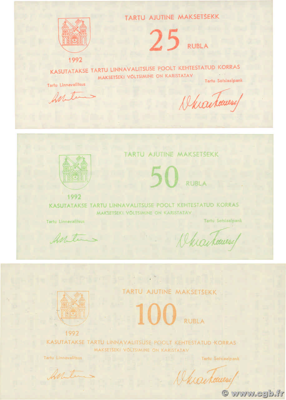 25  50  et 100  Roubles Lot ESTONIA  1992 P.-- UNC