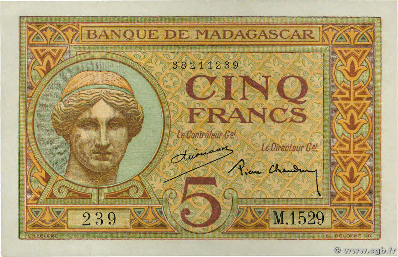 5 Francs MADAGASCAR  1937 P.035 EBC+