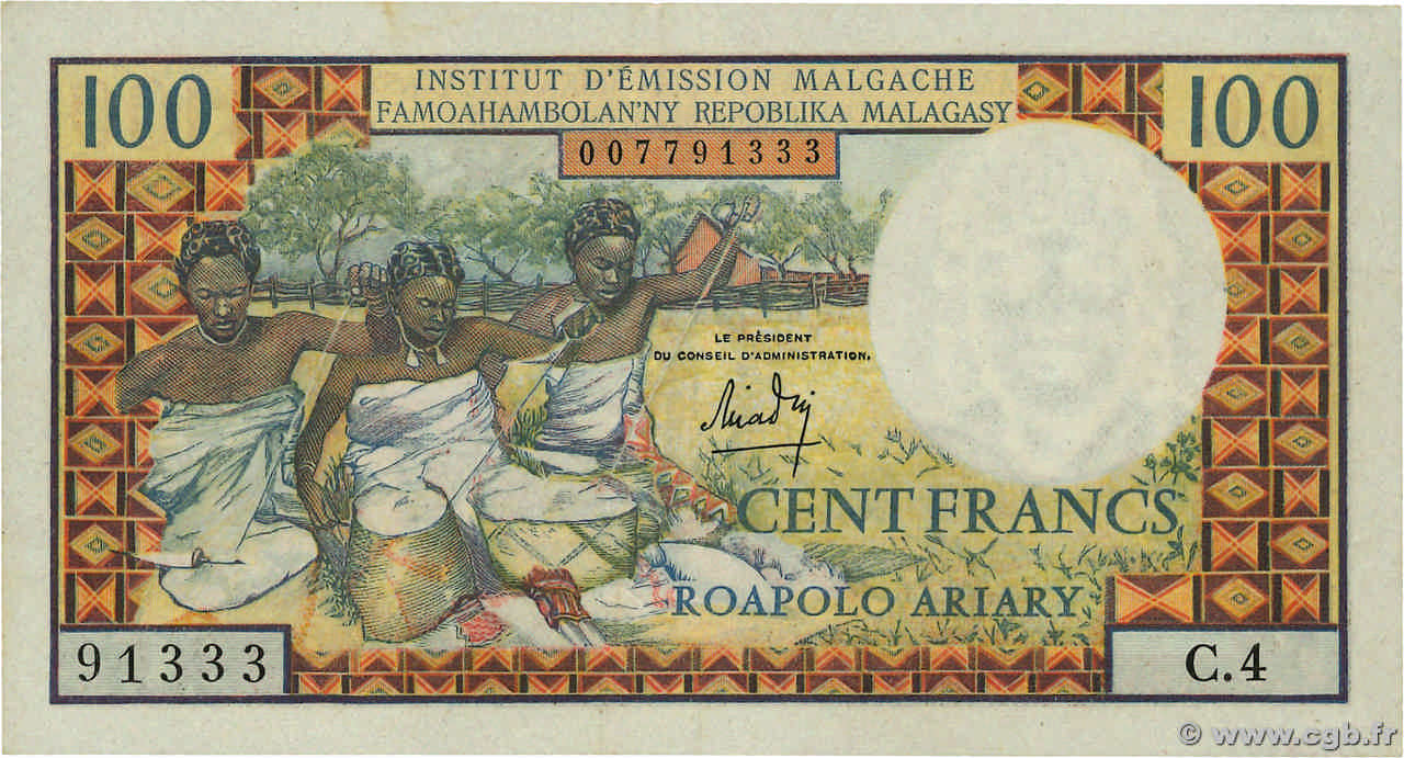 100 Francs - 20 Ariary MADAGASCAR  1964 P.057a XF
