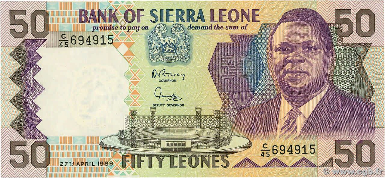50 Leones SIERRA LEONA  1989 P.17b FDC