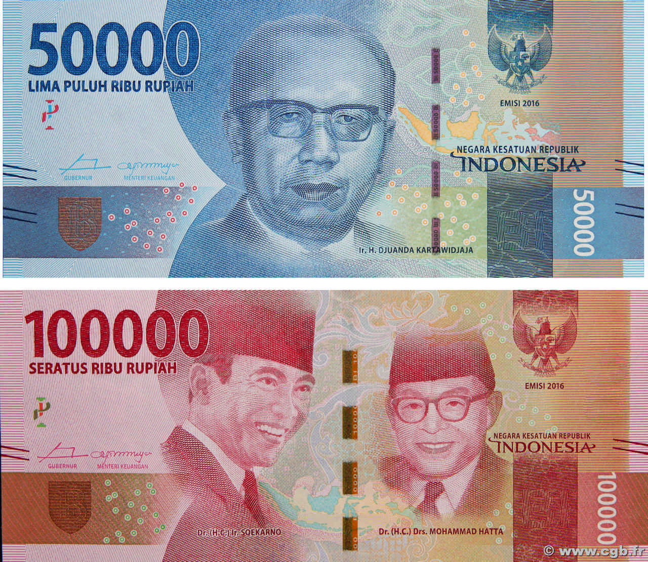 50000 et 100000 Rupiah Lot INDONESIA  2016 P.159a P.160a UNC