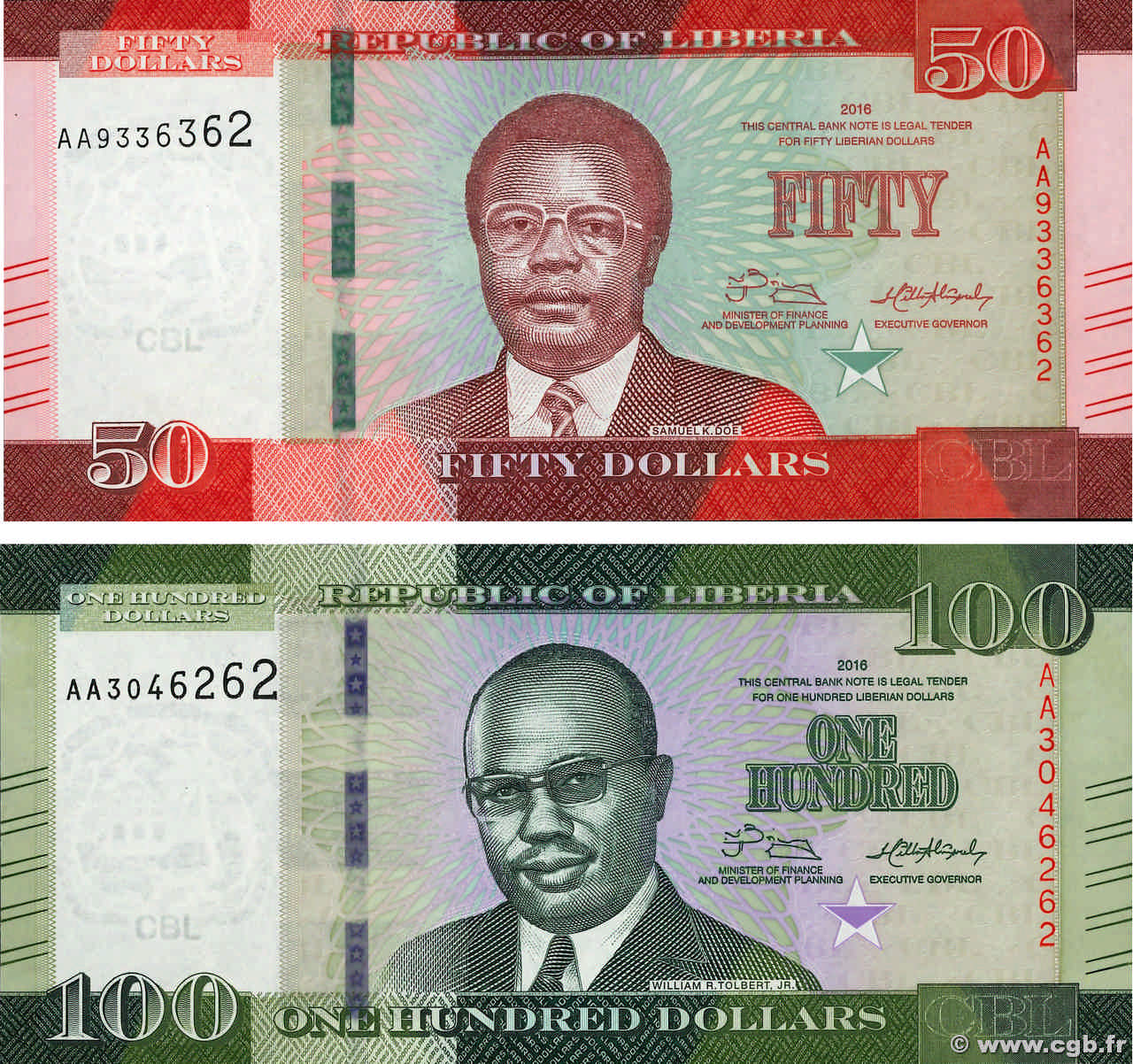 50 et 100 Dollars Lot LIBERIA  2016 P.34 P.35 NEUF