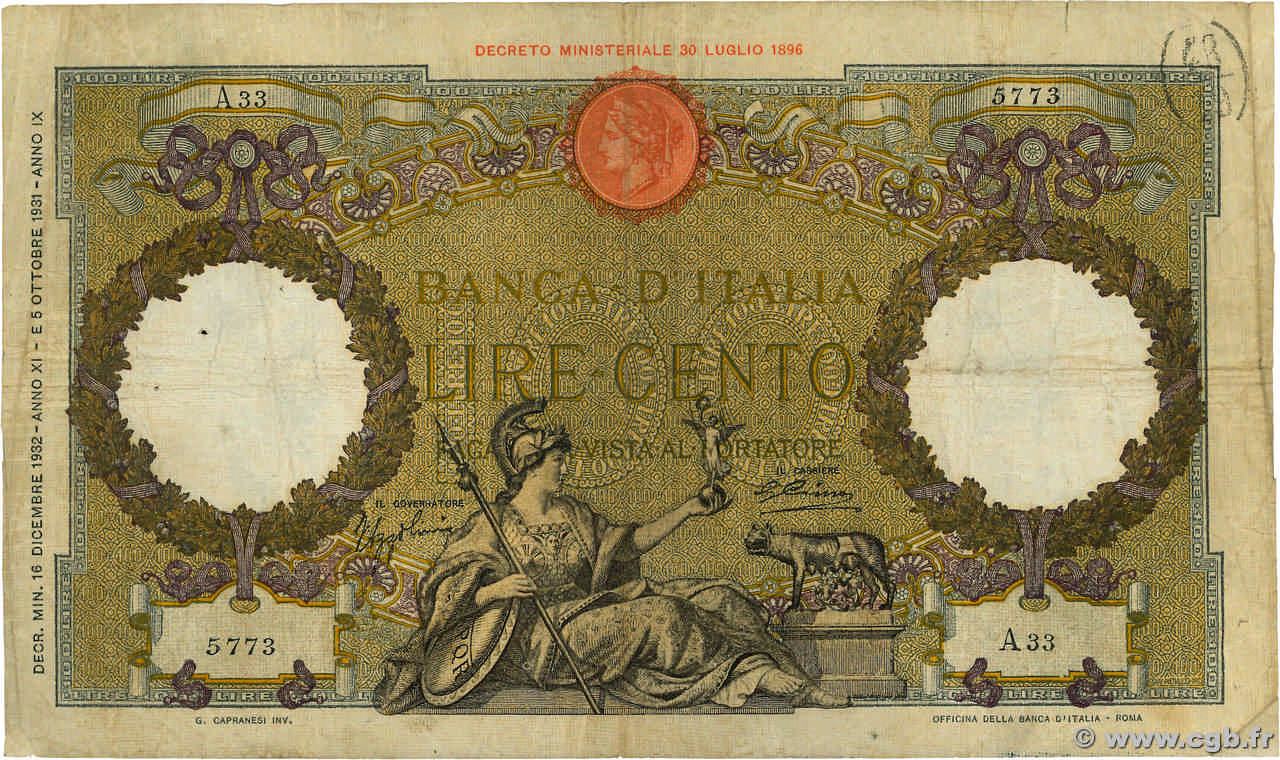 100 Lire ITALY  1932 P.055a F