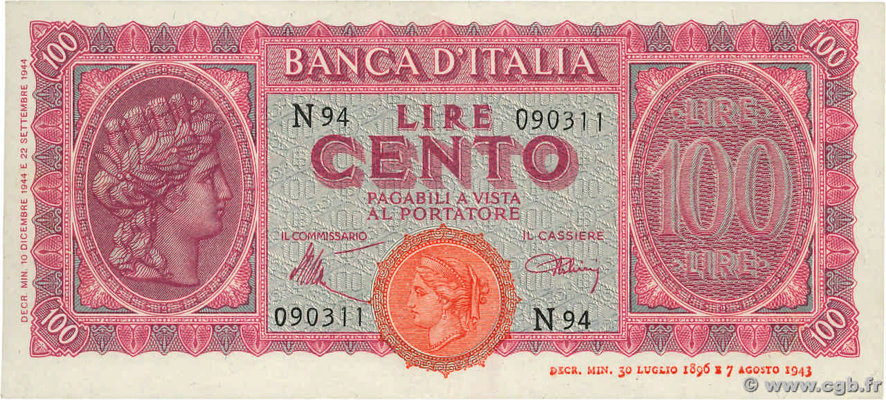 100 Lire ITALIE  1944 P.075a TTB