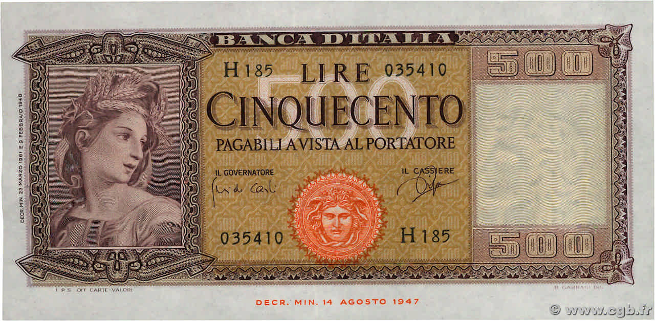 500 Lire ITALY  1961 P.080b VF