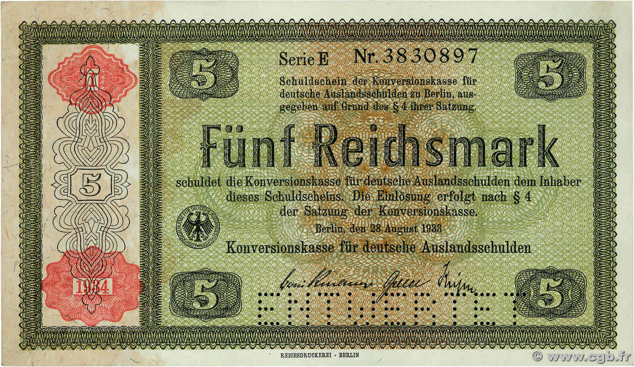 5 Reichsmark Annulé ALLEMAGNE  1934 P.207 SPL