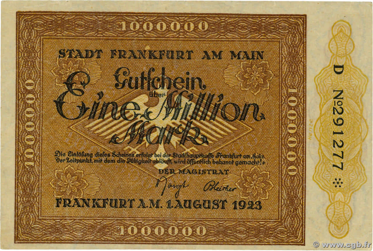 1 Million Mark ALLEMAGNE Francfort 1923  SUP