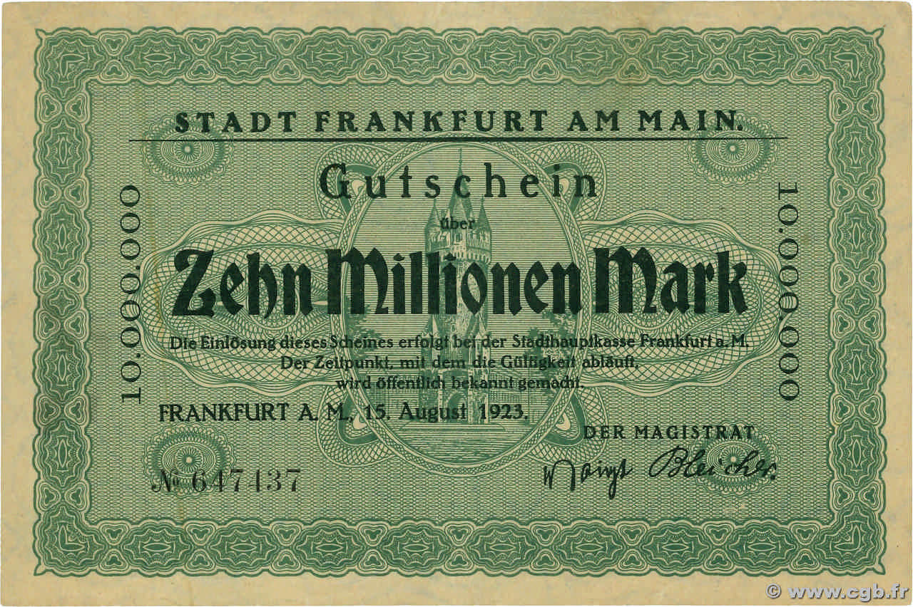 10 Million Mark ALLEMAGNE Francfort 1923  SUP