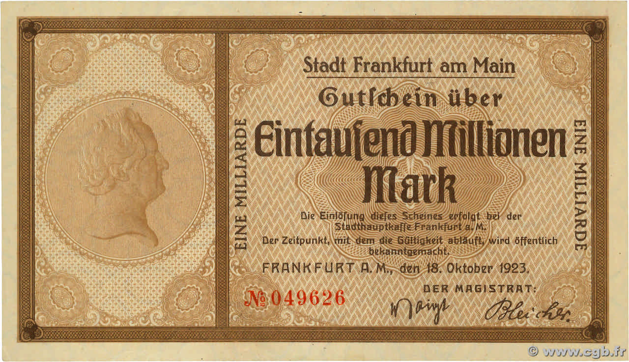 1 Milliard Mark DEUTSCHLAND Frankfurt Am Main 1923  fST