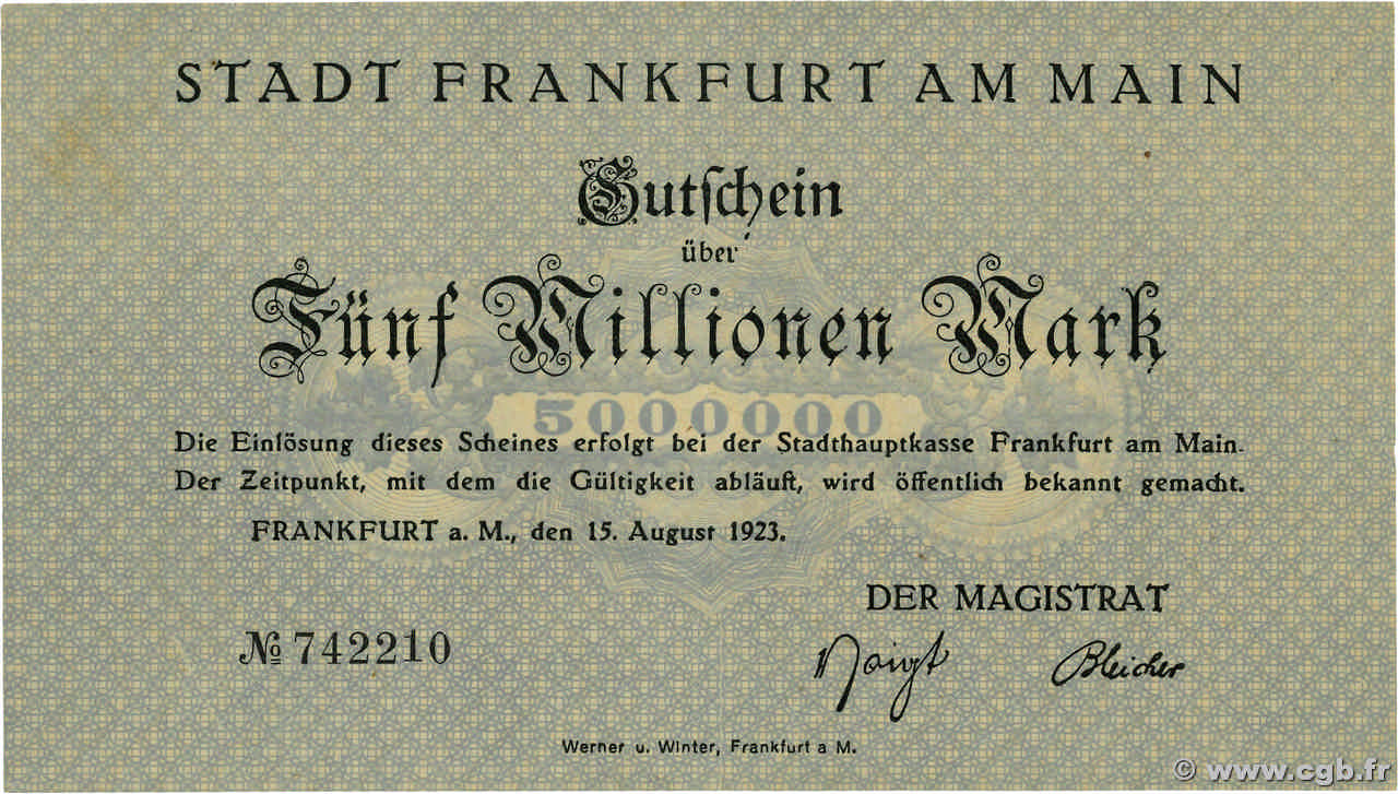 5 Million Mark GERMANY Francfort 1923  AU