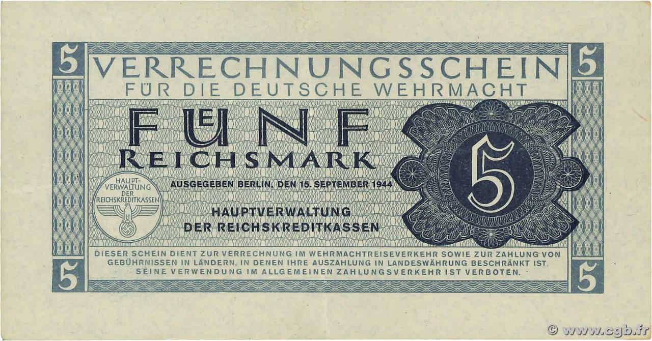 5 Reichsmark GERMANY  1944 P.M39 XF