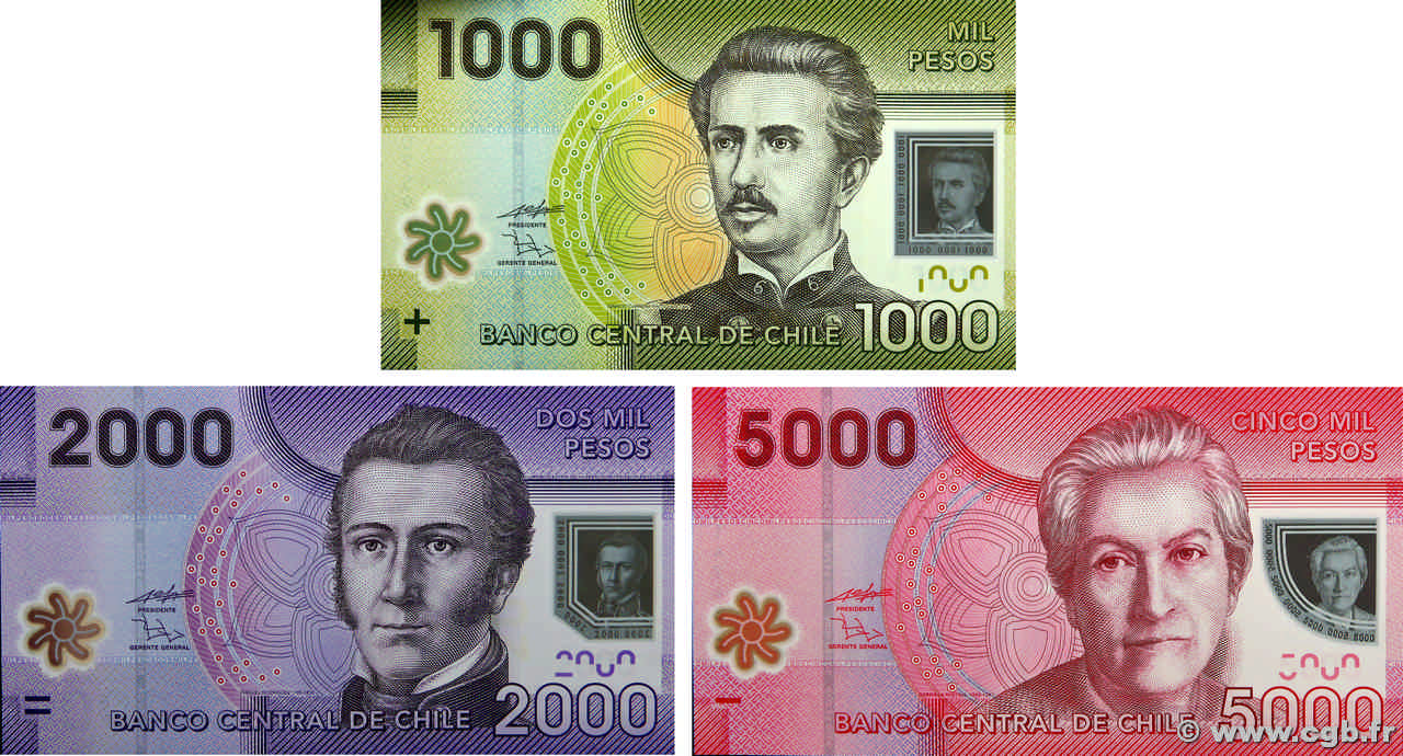 1000 Pesos Lot CHILI  2010 P.161 P.162 P.163 NEUF