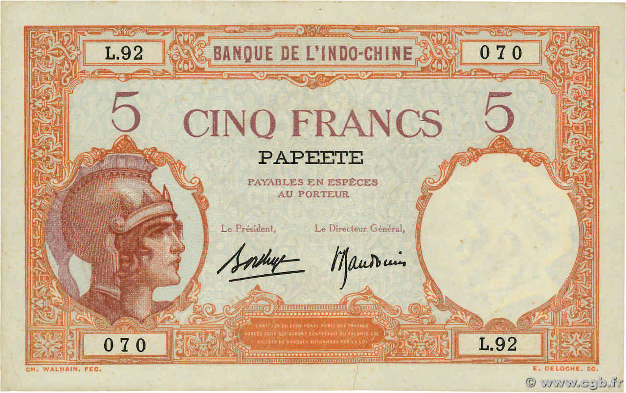 5 Francs TAHITI  1936 P.11c TTB
