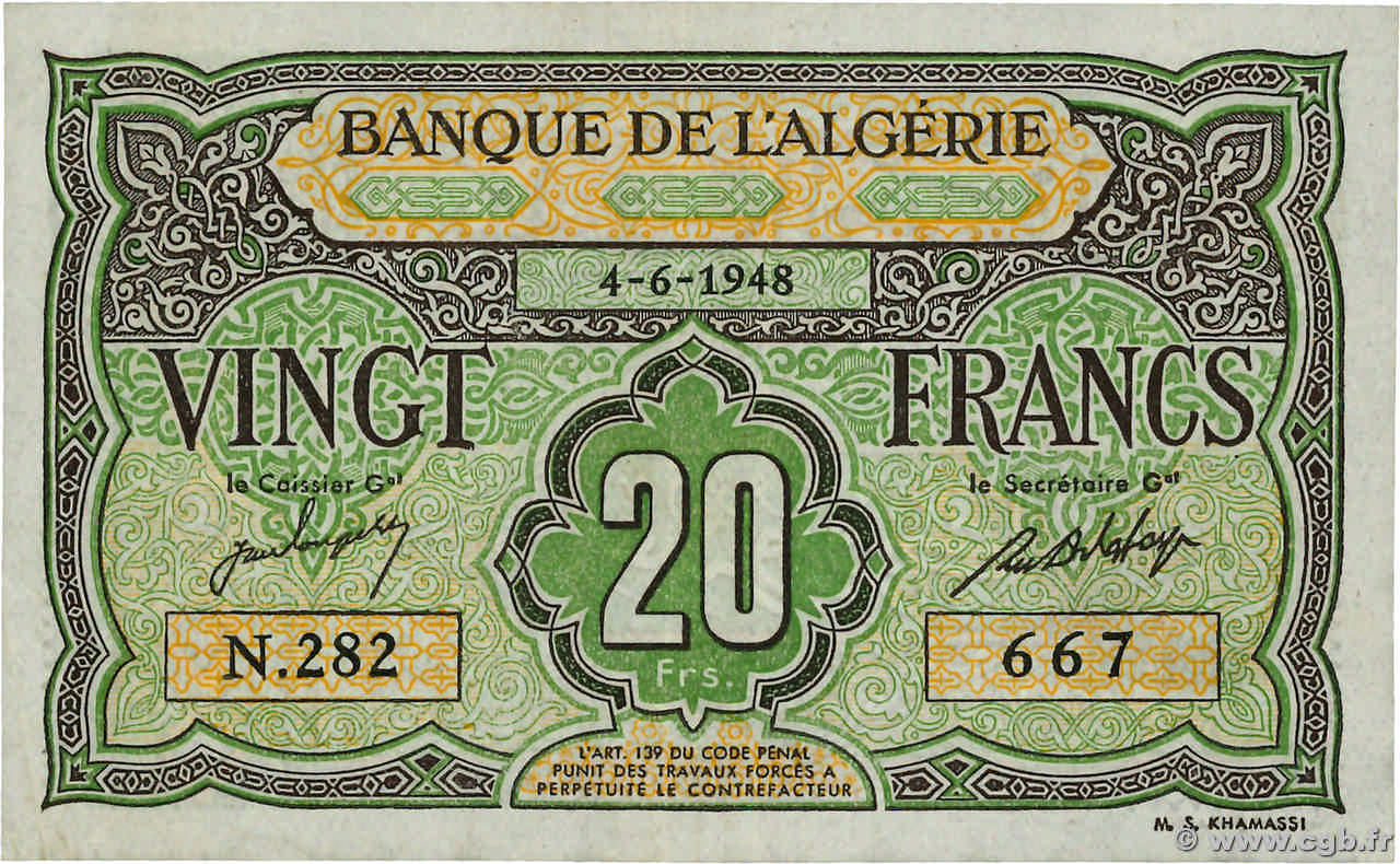 20 Francs ALGERIEN  1948 P.103 VZ