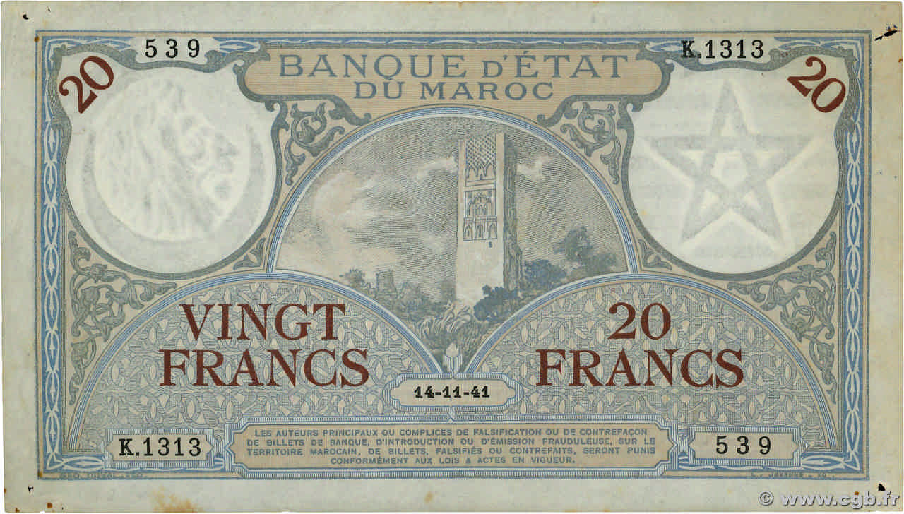 20 Francs MOROCCO  1941 P.18b VF