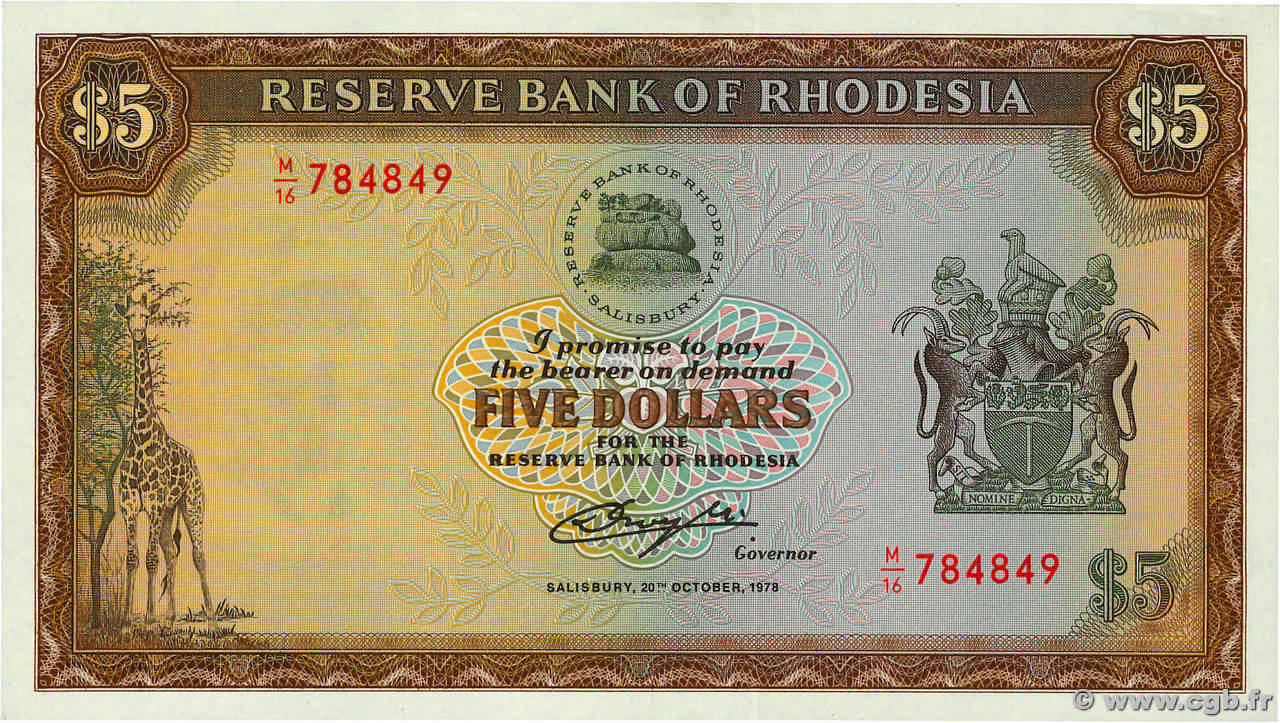 5 Dollars RHODÉSIE  1978 P.36b pr.NEUF