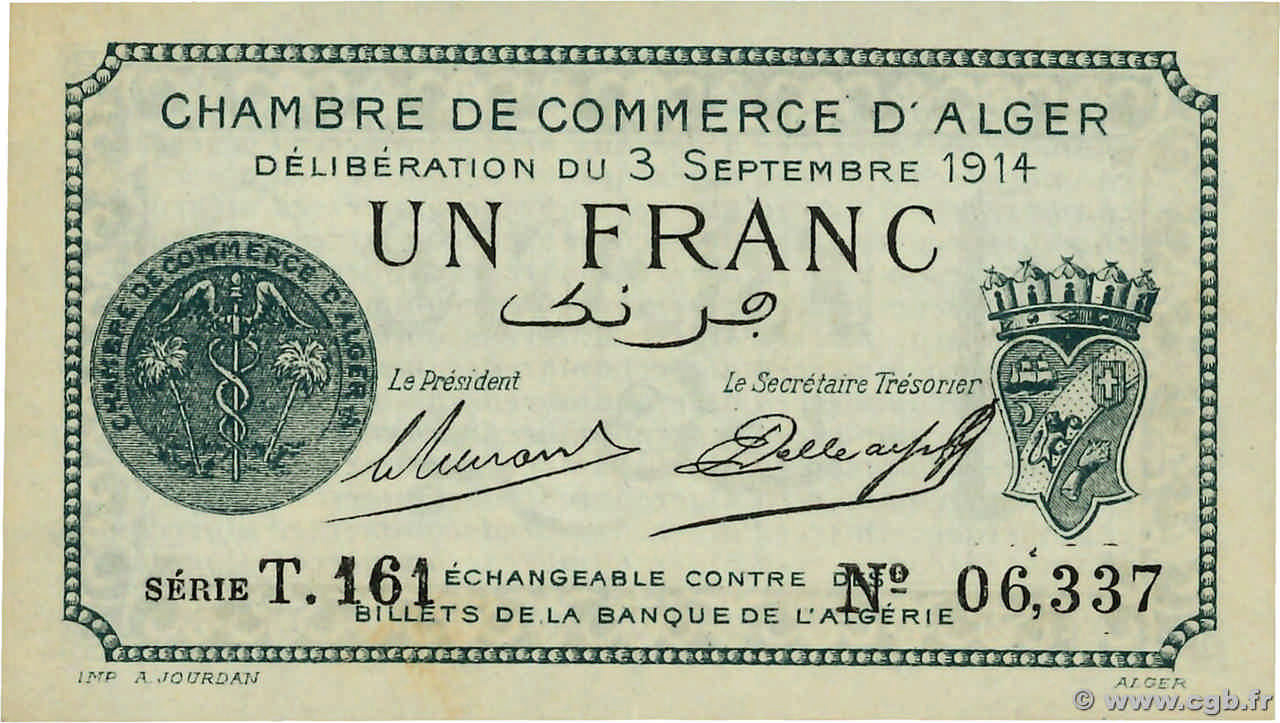 1 Franc ALGÉRIE Alger 1914 JP.137.03 pr.NEUF