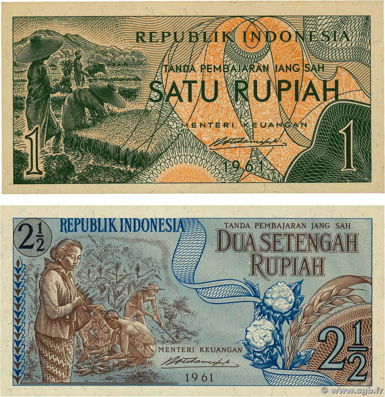 1 et 2,5 Rupiah Lot INDONESIA  1961 P.078 et 079 UNC