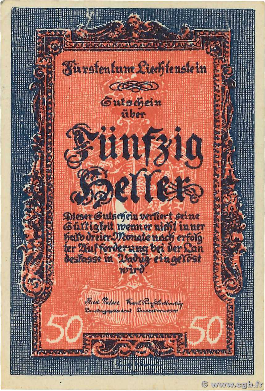 50 Heller LIECHTENSTEIN  1920 P.03 pr.NEUF