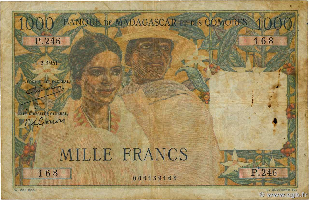 1000 Francs MADAGASCAR  1952 P.048a TB