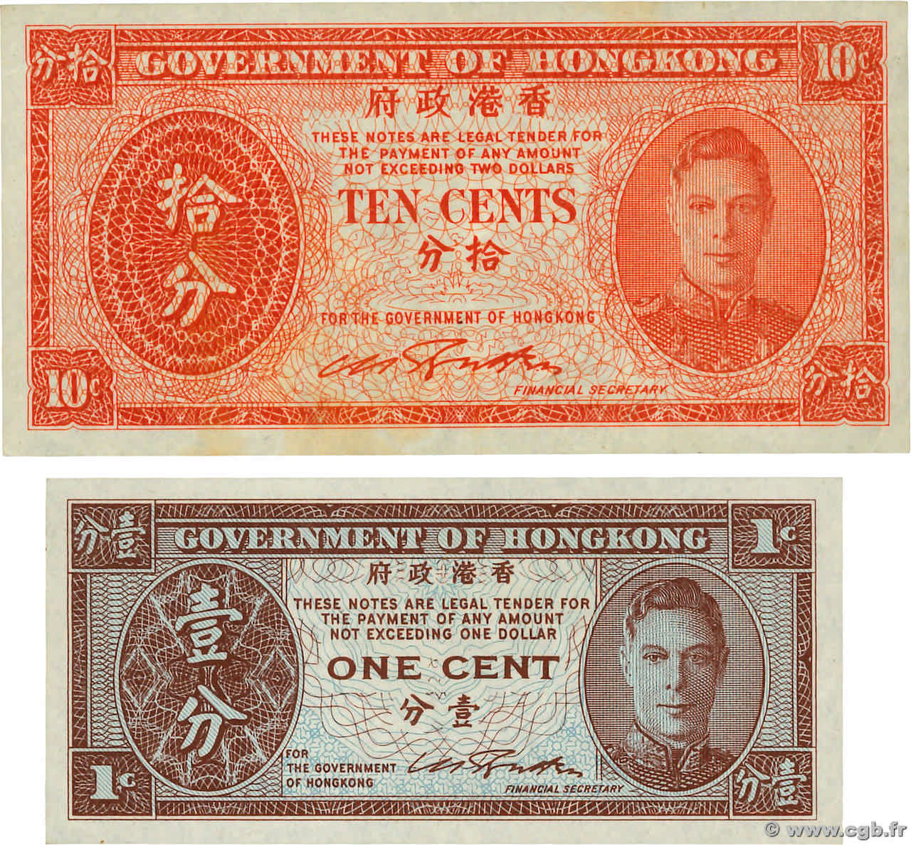 1 et 10 Cents Lot HONGKONG  1945 P.321 P.323 SS